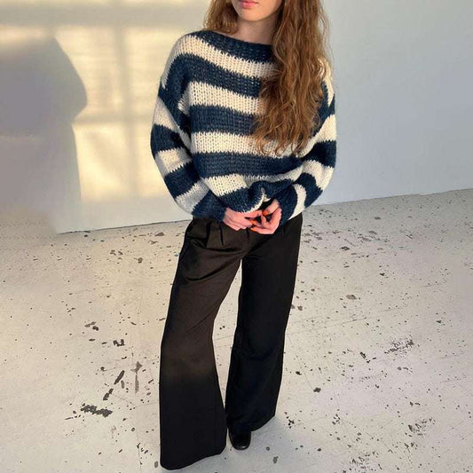 Loose Striped Pullover Sweater Fashion Versatile Long-sleeved Knitted Tops For Women Clothing - globaltradeleader