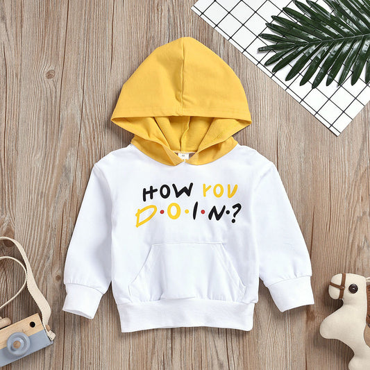 Girls Fashion Children's Clothing Hooded Colorblock Letter Sweater Children's Korean Version Cute Top Casual Versatile Long Sleeves