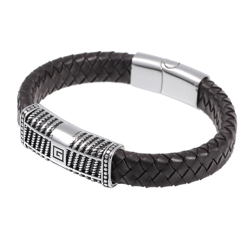 Men's Stainless Steel Leather Rope Bracelet Titanium Steel Leather Woven Retro Bracelet Magnetic Clasp Hand Jewelry
