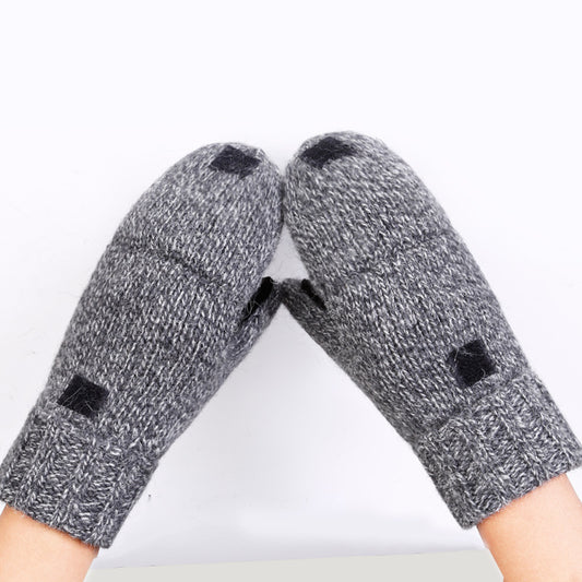 Wool Knitting Gloves Half-finger Flip Cover For Men And Women Winter Korean Version Of Wool Plus Velvet Thick Leather Riding Warm