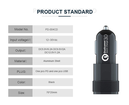 Dual Port Type-C Pd Aluminum Alloy Car Charger