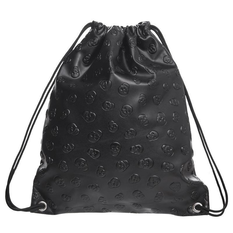 Leather Drawstring Pocket Pu Backpack Pure Black Skull Storage Gift Bag