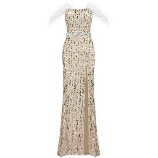 Feather Raglan Large Slit Sexy Fishtail Evening Dress