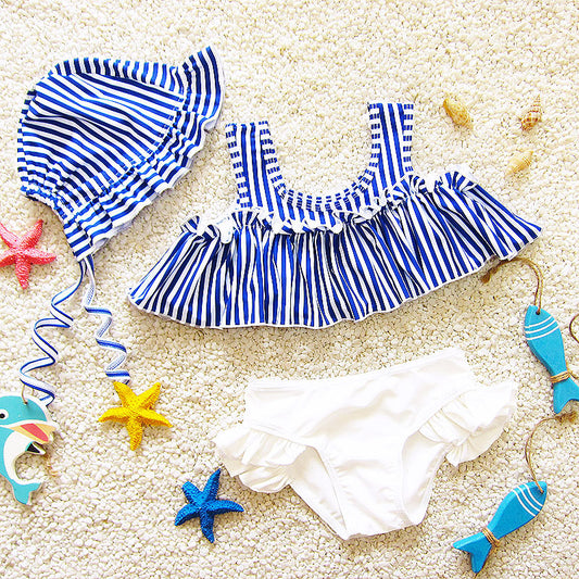 Korean Version Of The New Hot Spring Navy Girl Striped Split Triangle Infant Children Sweet And Cute Student Swimsuit