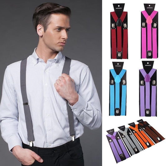 Solid Color Unisex Elastic Suspenders Strap Clip