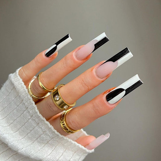 Simple Black And White Color Matching Long Nails Removable Nail Tip