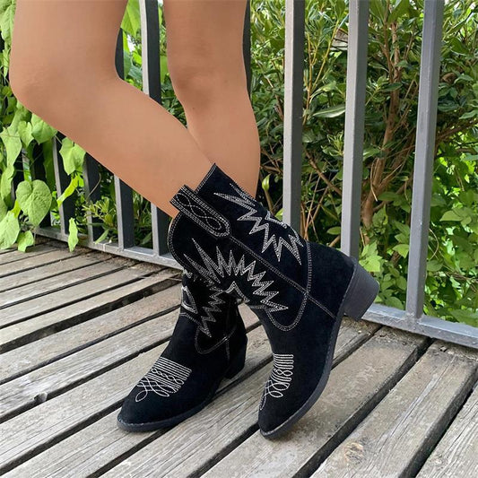 2022 Autumn And Winter New V-mouth Embroidery Sleeve Western Knight Boots Retro Medium Tube Pointed Toe Thick Heel Boots In Stock