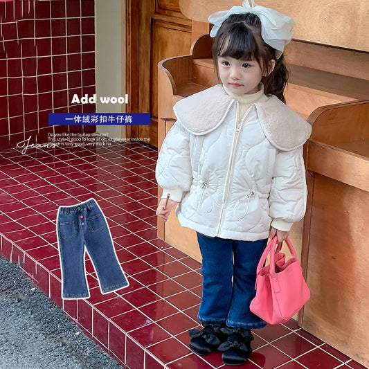 Girls Denim Flared Pants Autumn And Winter New Of Children&#039;s Foreign Style Plus Velvet Thick Elastic Casual Trousers