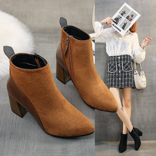 Women&#039;s Boots Spring And Autumn Thick Heel Pointed Toe European And American Large Size 41-44Ladies Boots Leather Stitching