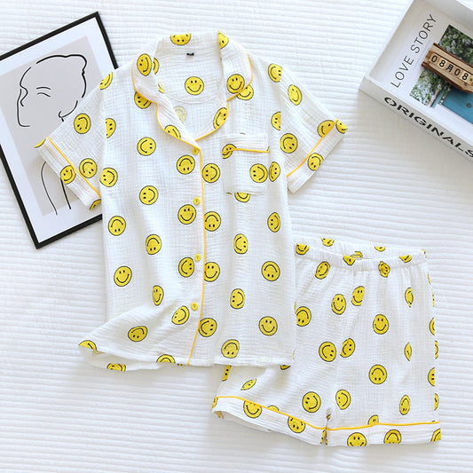 Summer Ladies New Cotton Gauze Short Sleeve Shorts Casual Pajamas Set Ladies Crepe Smile Face Thin Section Home