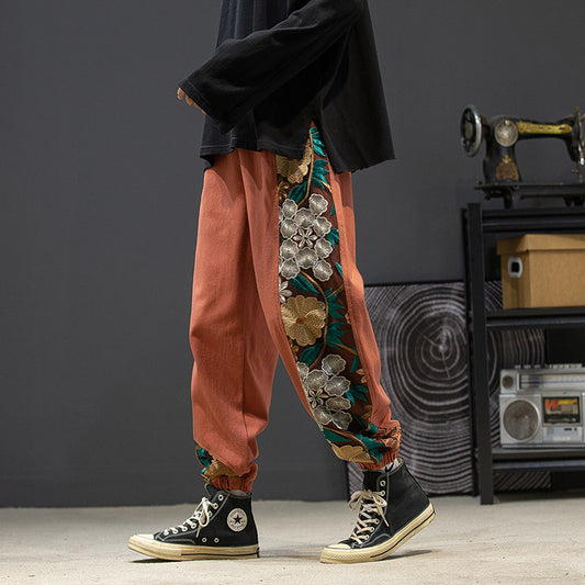 New Products Loose Men's Trend Large Size Embroidery Color Matching Casual Trousers
