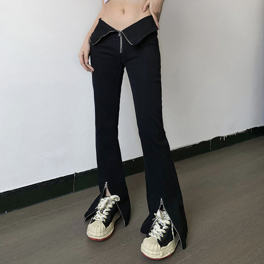 Low Waist Zipper Slit V-shaped Trousers With Thin Waist And Washed Jeans