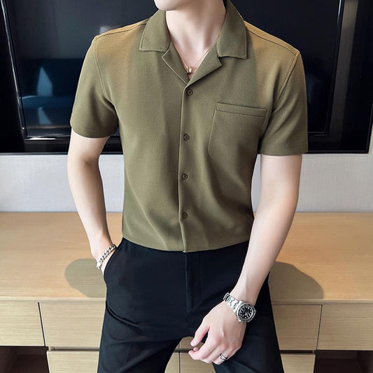 Men's Ice Silk Waffle Cuban Collar Shirt - Perfect for British Yuppie Summer Style