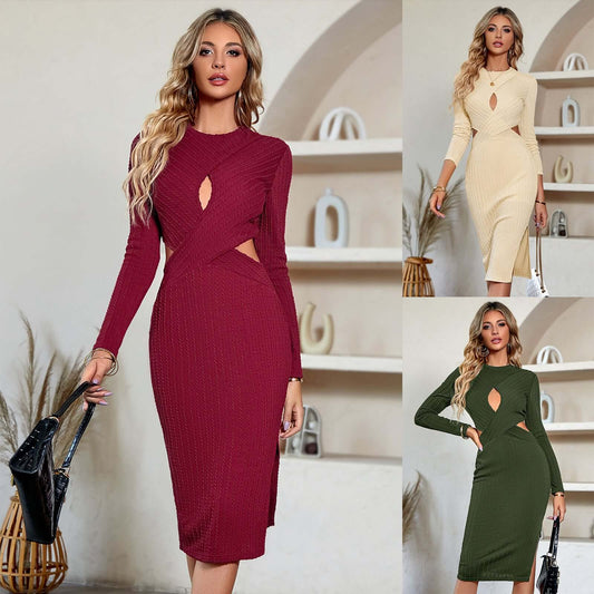 Amazon 2023 European And American Sexy Style Foreign Trade Women's Clothing Winter New Casual Solid Color Waist Hollow Dress For Women - globaltradeleader