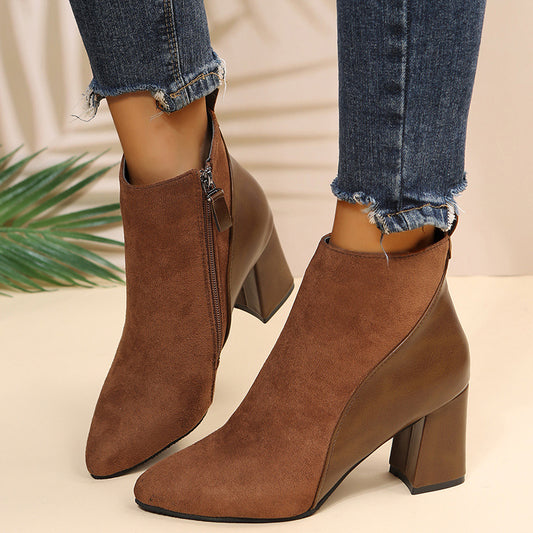 High-heeled Boots Women&#039;s 2022 Autumn New Thick-heeled Suede Leather Stitching Side Zipper Boots Fashion Pointed Toe