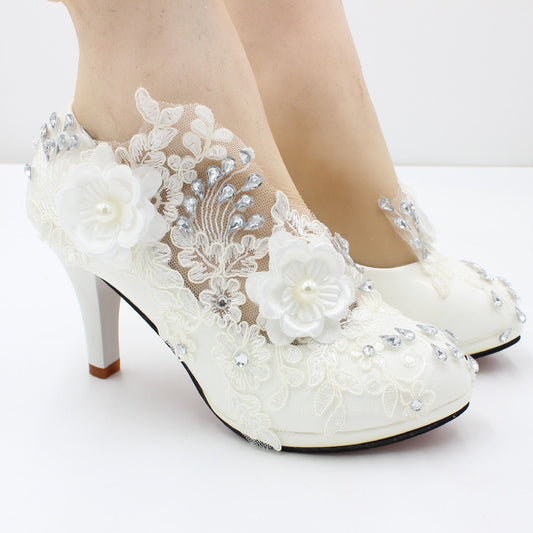 Three-dimensional Flower White Lace High Heels Spring New