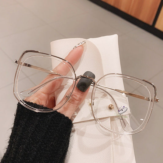 Korean Version Of The Tide Big Frame Square Black Frame Flat Mirror Plain Glasses Shape Black Frame Anti-blue Light Metal Frame Can Be Equipped With Myopia