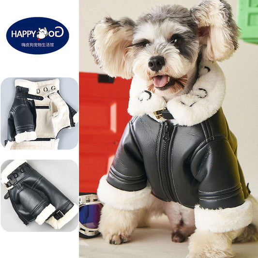 Dog Clothes Plus Velvet Thickened Motorcycle Leather Jacket Bichon Schnauzer Small And Medium-sized Dog Pet Cotton Coat Coat Autumn And Winter