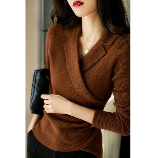 2023 Autumn And Winter Cashmere Knitted Sweater Women&#039;s Suit Collar Slim Fit Bottoming Shirt Outerwear With Coat Top Women&#039;s Clothing