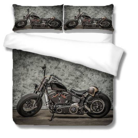 Dark Retro Motorcycle Quilt Cover Three-piece Set