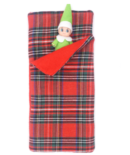 Elf Doll Plaid Sleeping Bag Clothes On Christmas Bookshelf