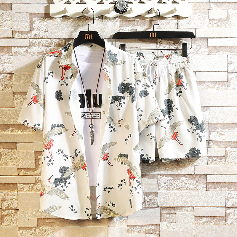 Summer Retro Chinese Style Trend Short-sleeved Design Sense Crane Print Korean Casual Two-piece Suit