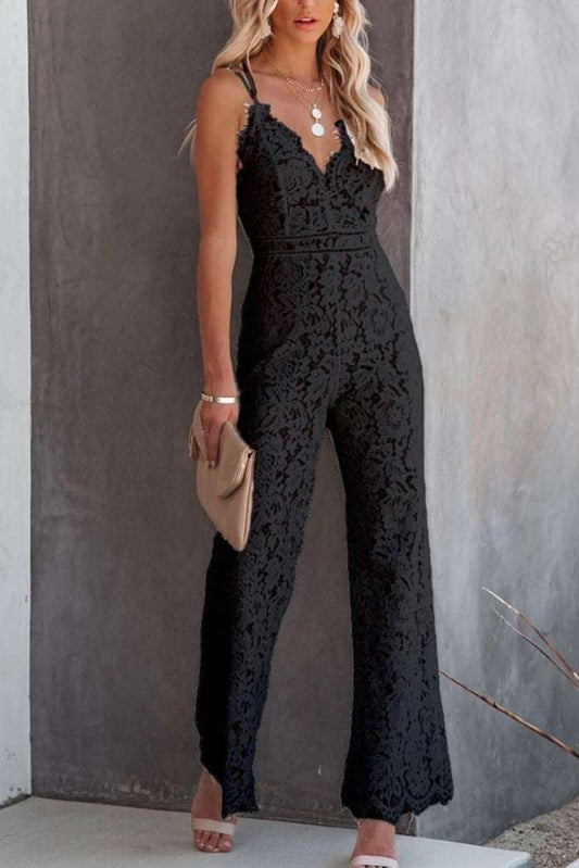 Solid Color Lace Stitching Sleeveless Casual Suspender Jumpsuit - globaltradeleader