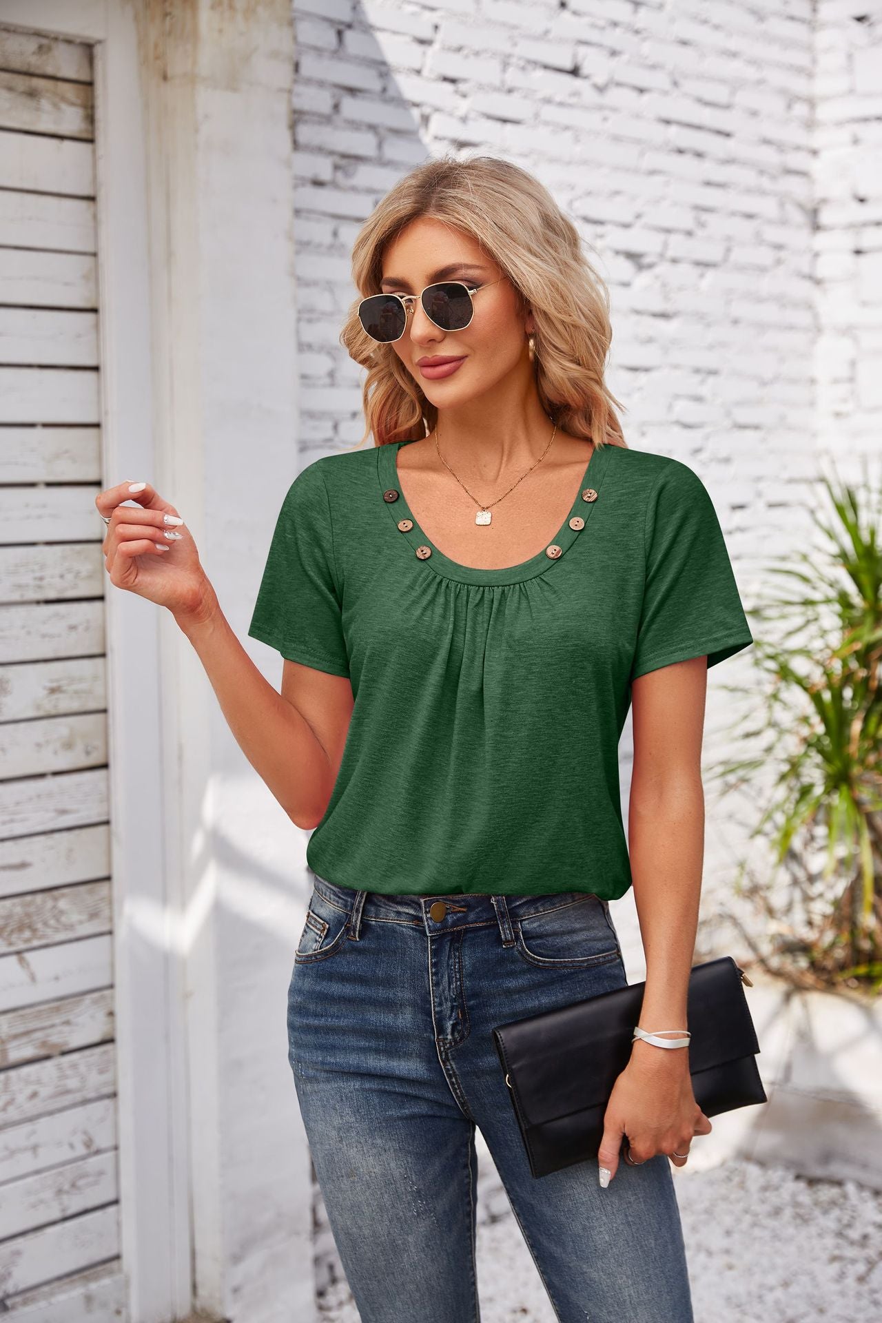 Women's Short-sleeved T-shirt Summer Button Square Collar Pleated Design Solid Color Loose T-shirt Womens Clothing - globaltradeleader