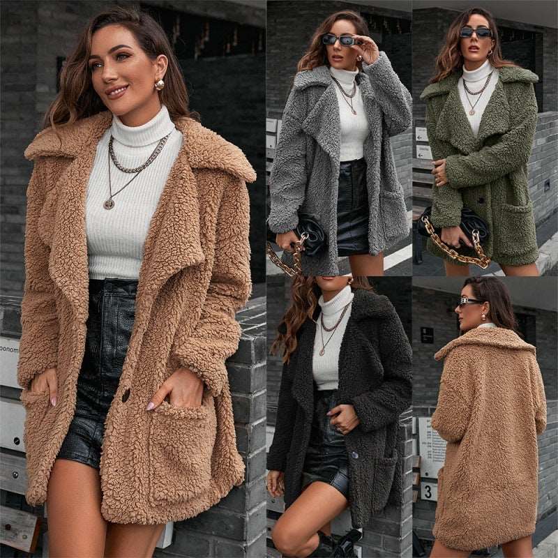 Single Breasted Bubble Fleece Jacket Loose Lapel Lamb Fleece Trench Coat - globaltradeleader