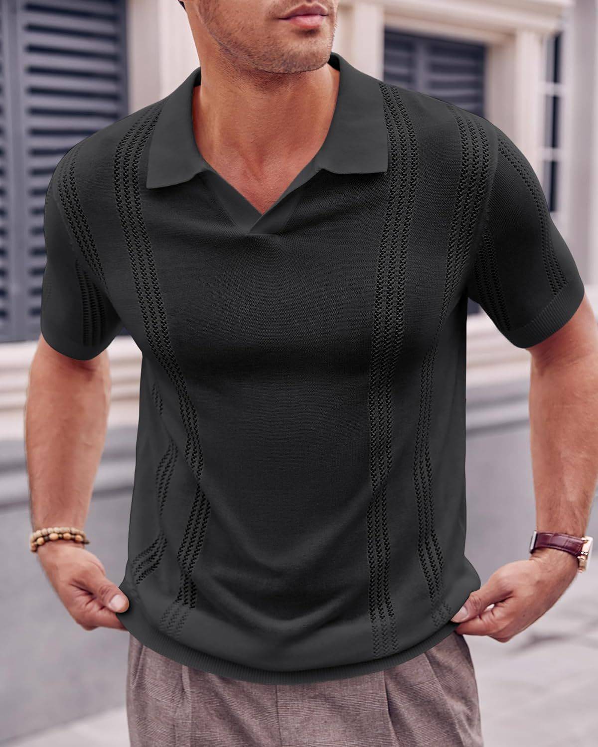 European And American Fashion Men's Knitted Polo Shirt Short Sleeve V-neck Hollow - globaltradeleader