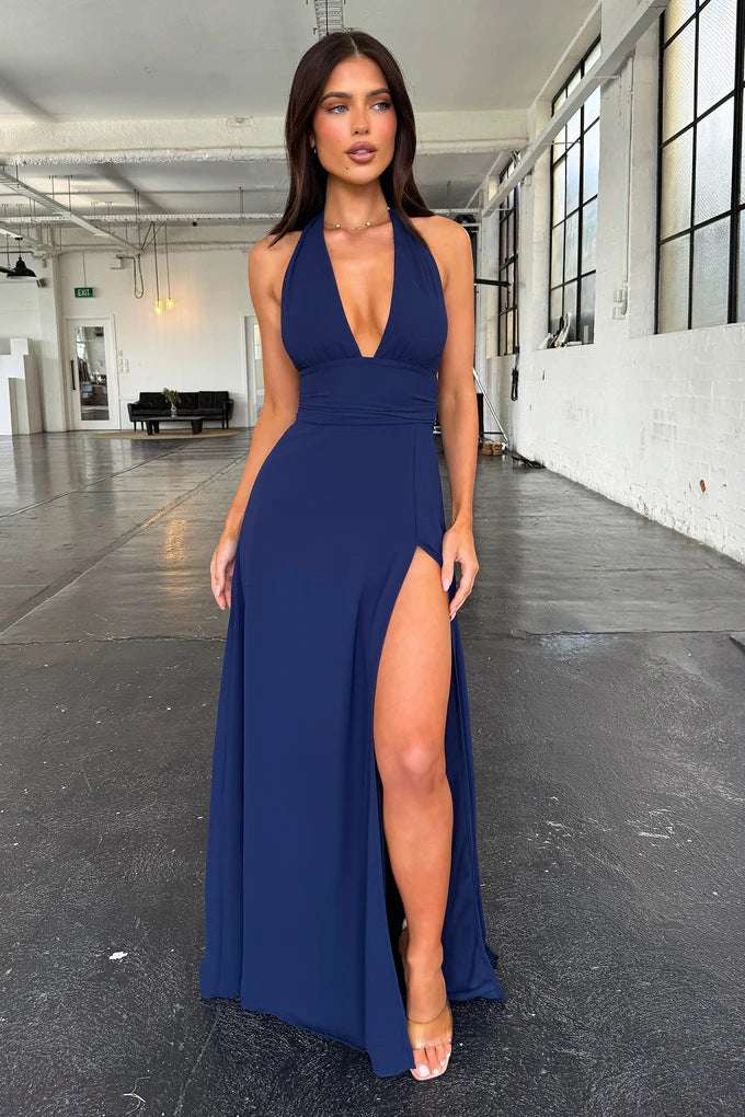 Spring Women's Style Hanging Neck V-neck Slit Long Solid Color Dress - globaltradeleader