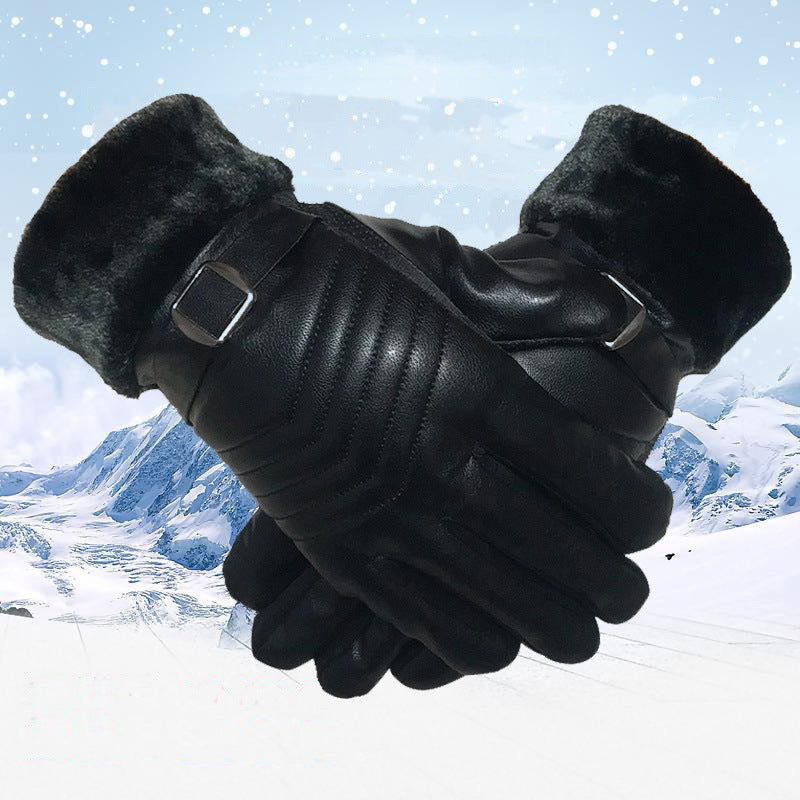 Winter Leather Gloves For Men And Women Velvet Thickened Cold-proof Warm Cycling Anti-slip Touch-screen Large Fleece Gloves - globaltradeleader