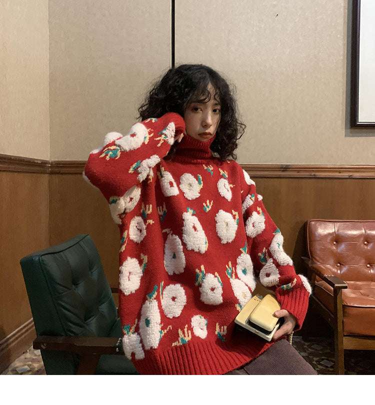 Women's High Neck Long Sleeve Christmas Knitted Pullover Sweater - globaltradeleader