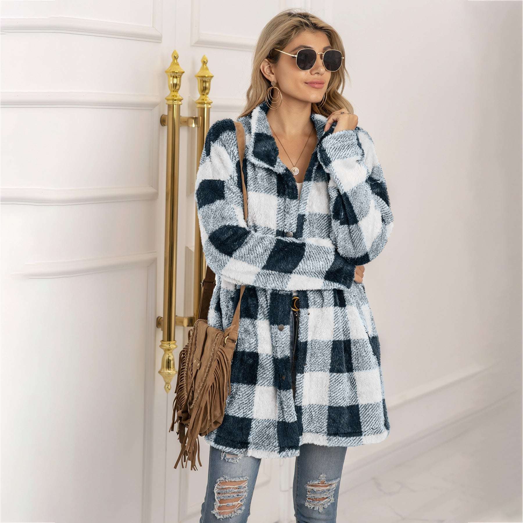 Colorblock Plaid Fleece Jacket Fashion Single Breasted Long Jacket Women's Clothing - globaltradeleader