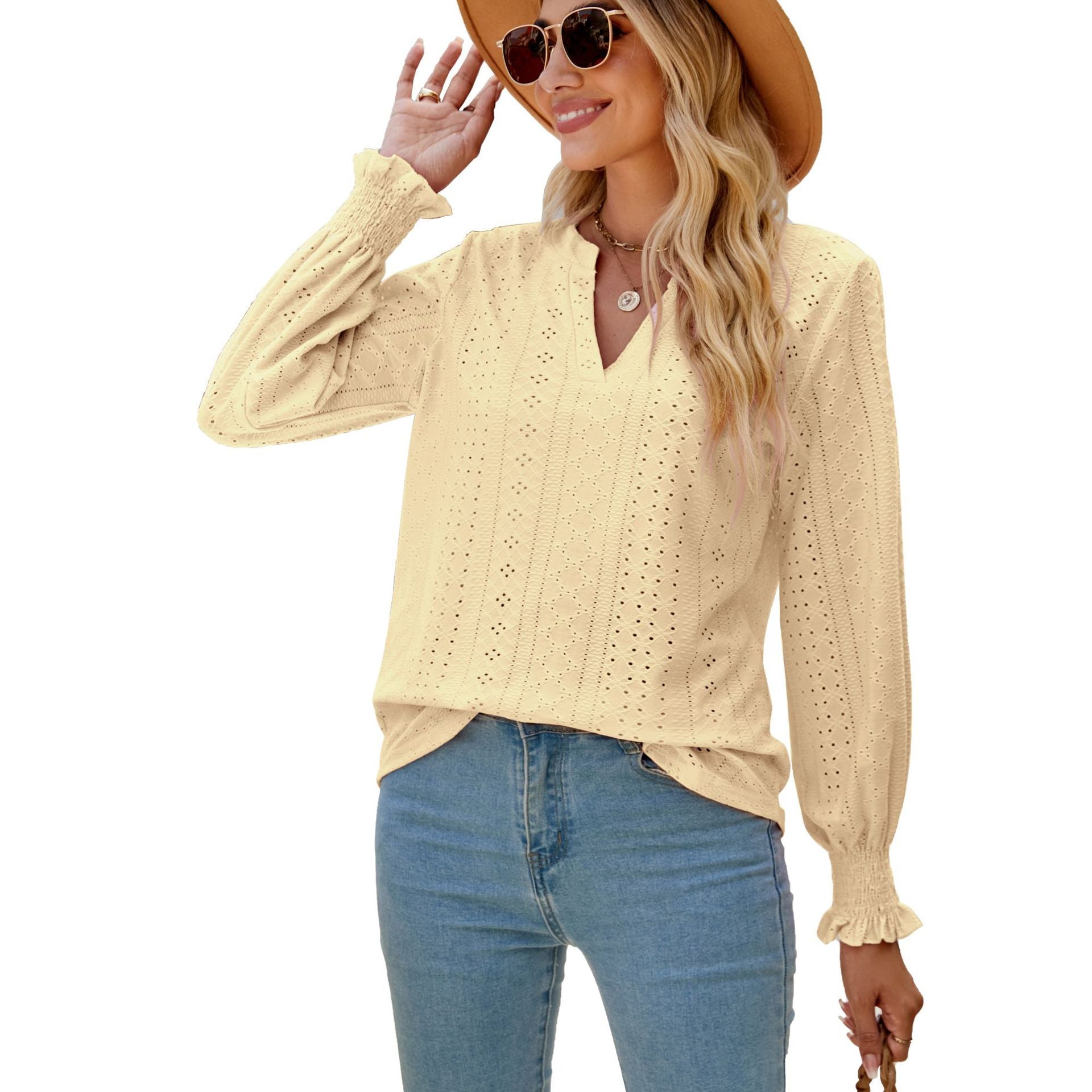 Solid Color Hollow-out Pleated Ruffle Shirts Sleeve V-neck Loose Long Sleeve Tops Women - globaltradeleader