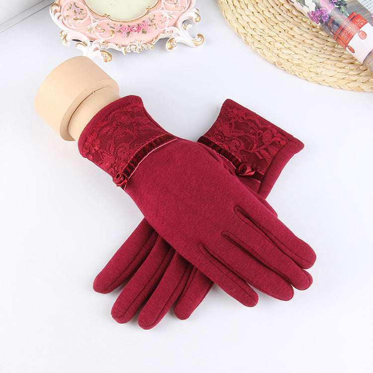 New Women's Outdoor Cycling Gloves Winter Solid Color Touch Screen Windproof Warm Gloves Lace Velvet Gloves - globaltradeleader