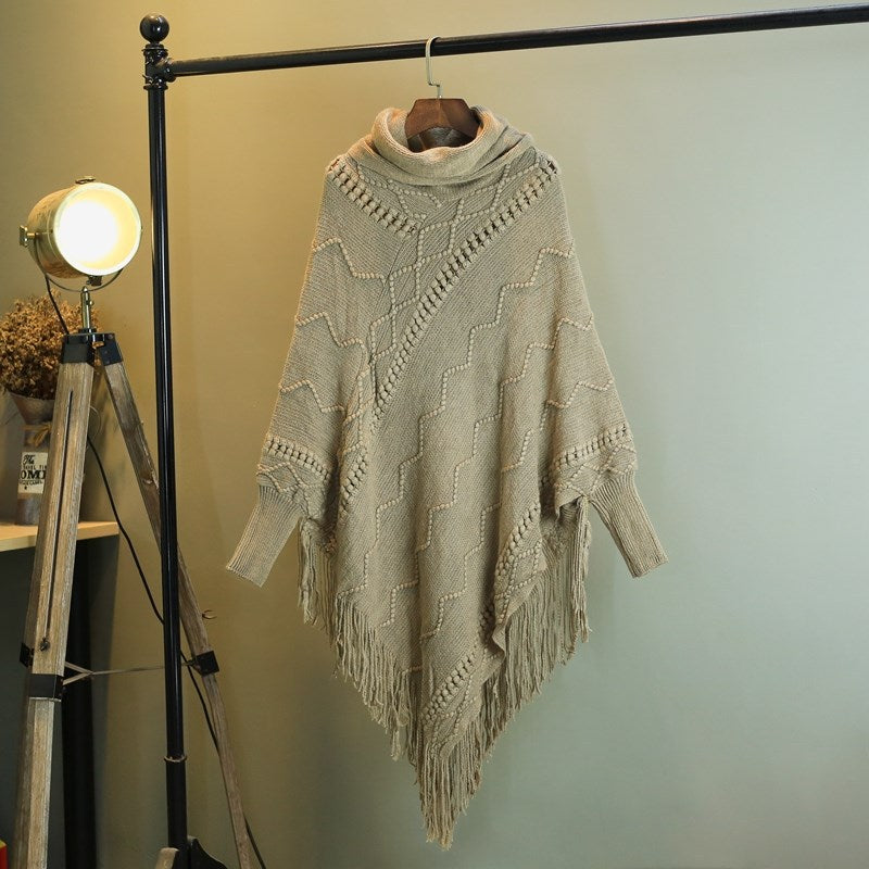 Autumn And Winter New Tassel Knitwear Shawl High Collar Warm Batwing Sleeve Pullover