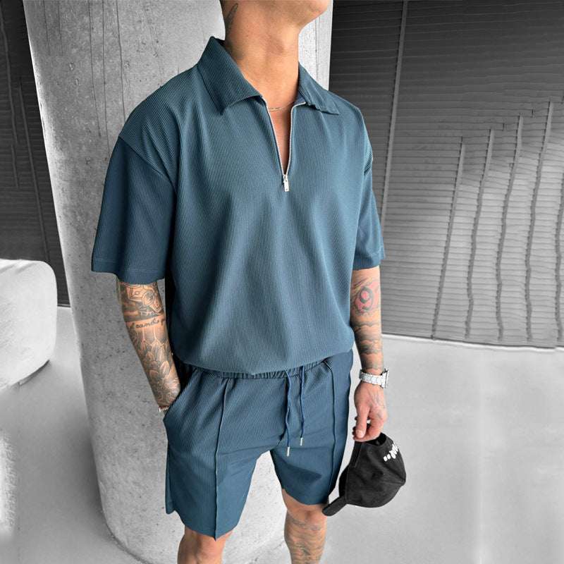 Summer Fashion Mens Clothing  Men's Suits New Zipper Polo Casual Short Sleeve Drawstring Shorts Men's Set - globaltradeleader