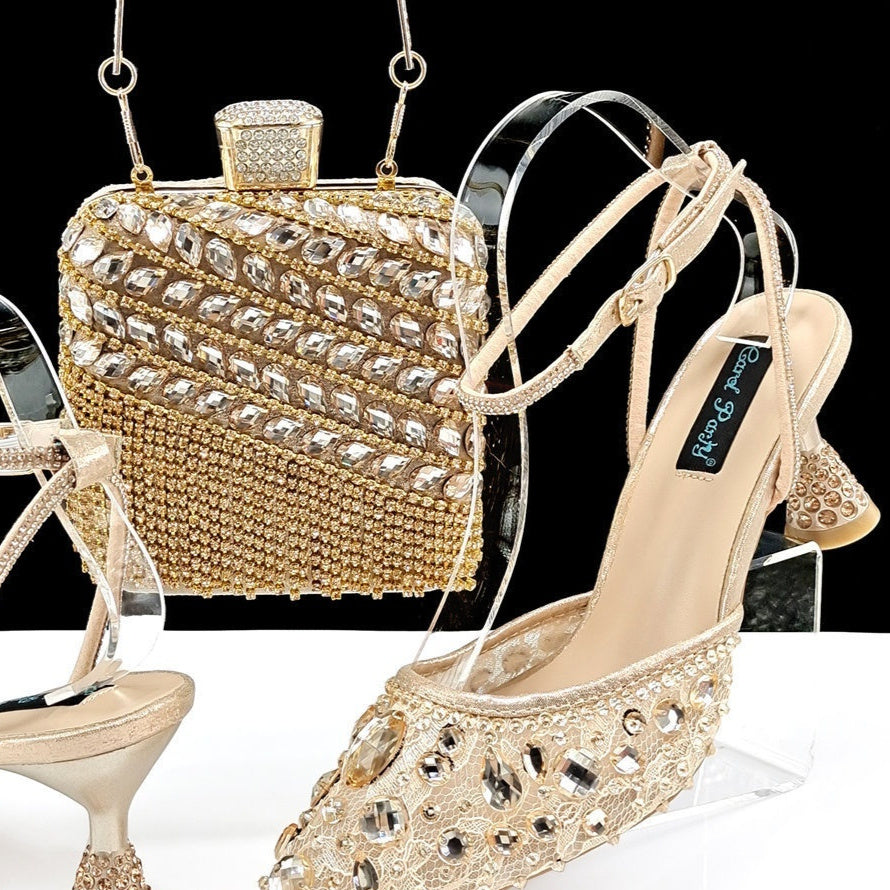 Large Rhinestone High Heel Sandals Three-dimensional Tassel Handbag Set - globaltradeleader