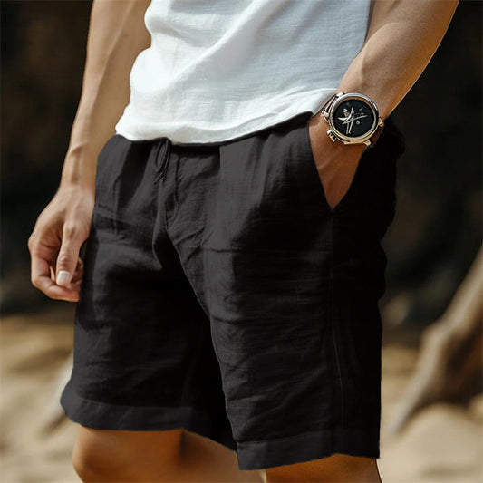 Men's Cotton And Linen Pocket Drawstring Elastic Waist Shorts - globaltradeleader