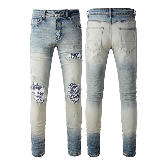 American High Street Fashionable Men's Ripped Black And White Patch Jeans - globaltradeleader