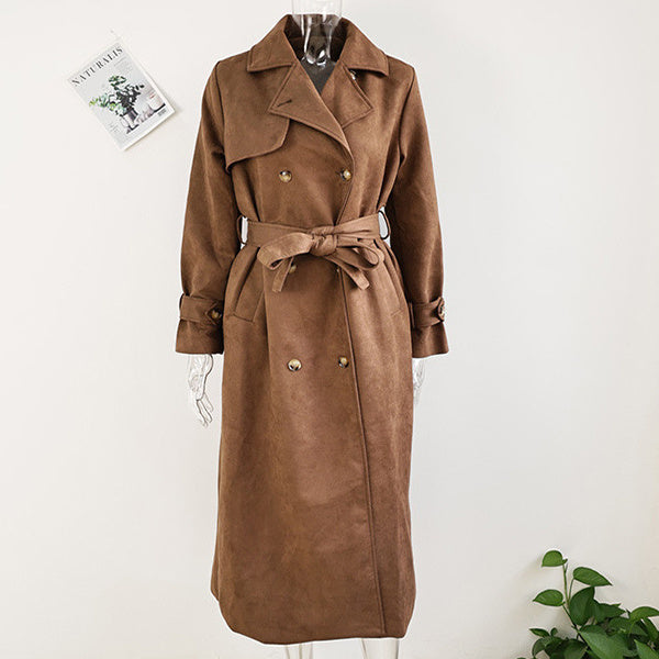 Double Breasted Lapel Shift Coat With Belt Fashion Vintage Suede Long Coat Winter Outwear Women's Clothing - globaltradeleader