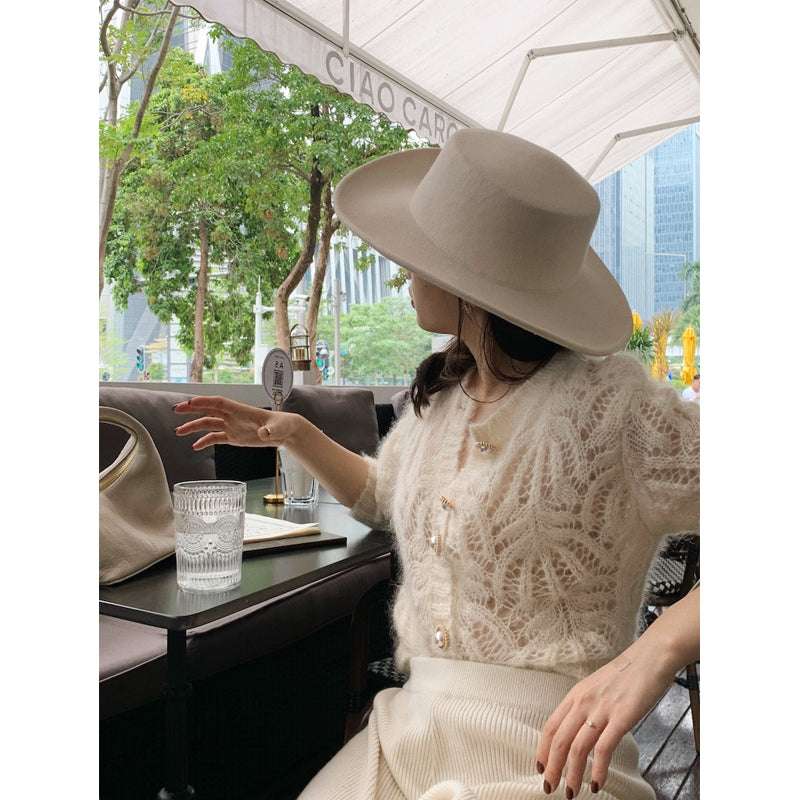 Women's White Hollow Knitted Open Sweater Coat