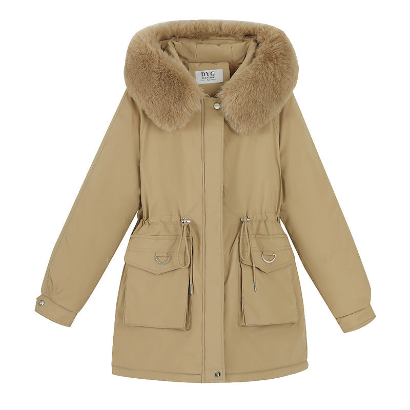 Waist Slimming Elegant Parka Cotton-padded Coat Fur Collar Western Style Velvet Lining Warm Coat - globaltradeleader