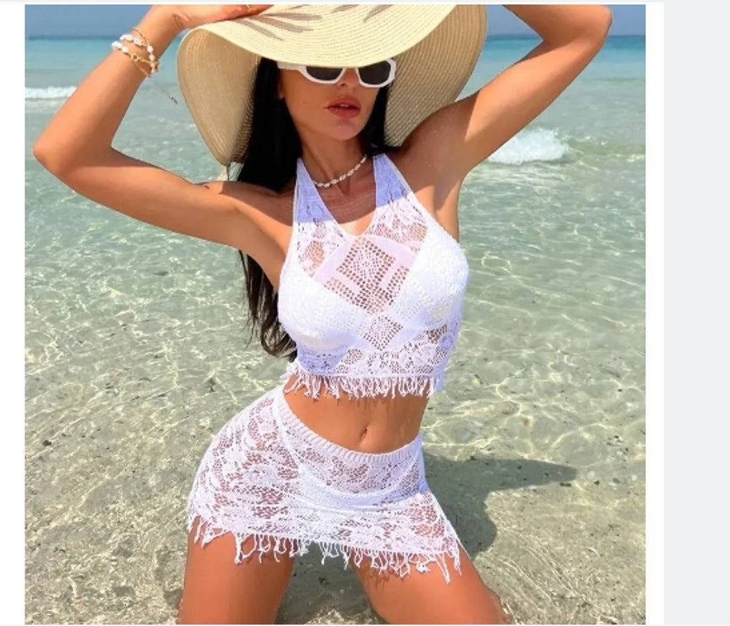 Women's Spring And Summer Beach Cover-up Tassel Skirt Lace Bikini Swimsuit Two-piece - globaltradeleader