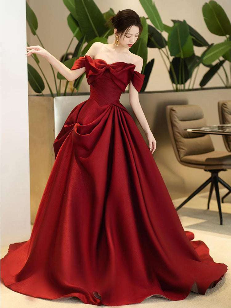 High-end Engagement Red Evening Dress French Off-shoulder Bow Princess Dress - globaltradeleader