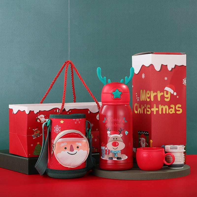 Christmas Gift Vacuum Flask Cartoon Elk Children With Cup Sleeve Bouncing Stainless Steel Double-layer Vacuum Flask