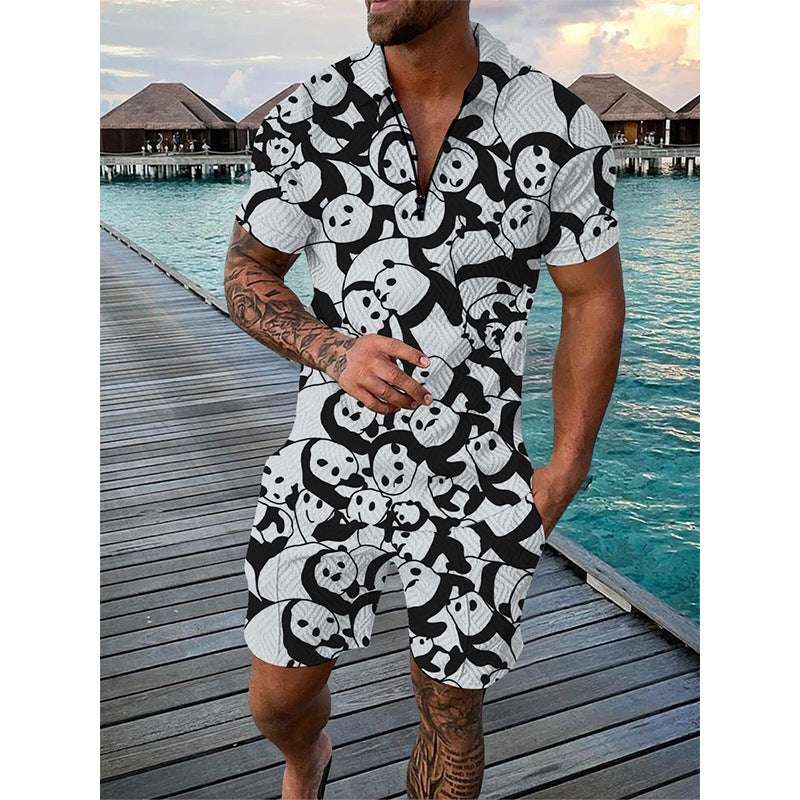 Men's Sportswear Duck Panda 3D Printing Short Sleeve Zipper Two-piece Set - globaltradeleader
