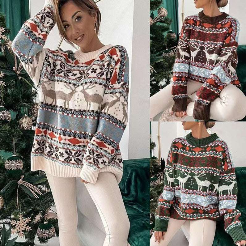 Women's Fashion Round Neck Loose Christmas Theme Jacquard Long Sleeve Sweater - globaltradeleader