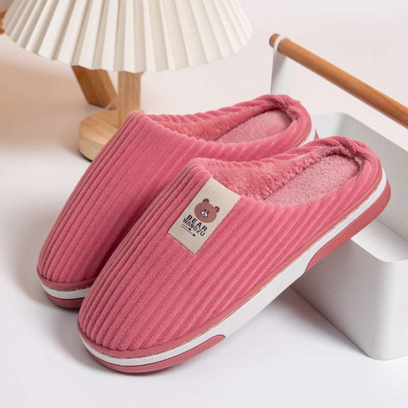 Solid Color Striped Slippers For Women Thick-soled Anti-slip Indoor Warm Plush Home Shoes Couple Women Men Slipper Winter - globaltradeleader